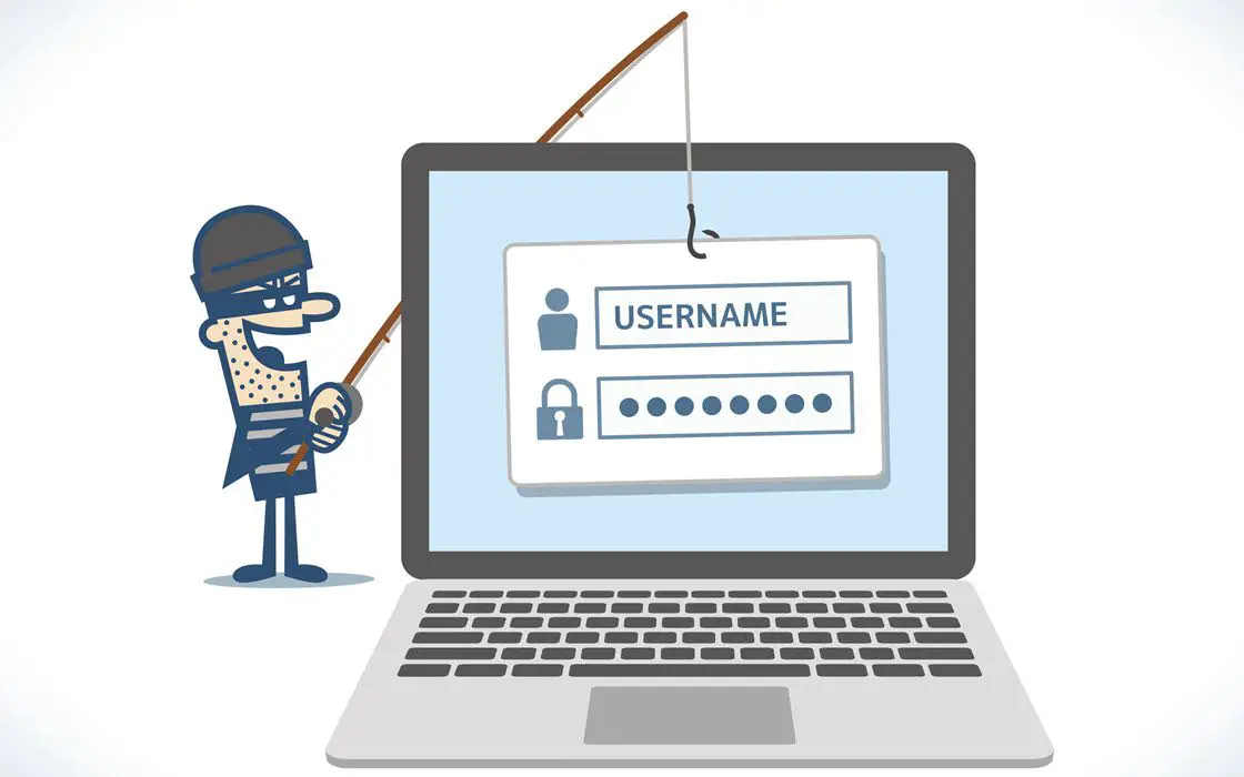 Een illustratie van een cybercriminele phishing voor gebruikersnamen en wachtwoorden;  een soort semantische cyberaanval.