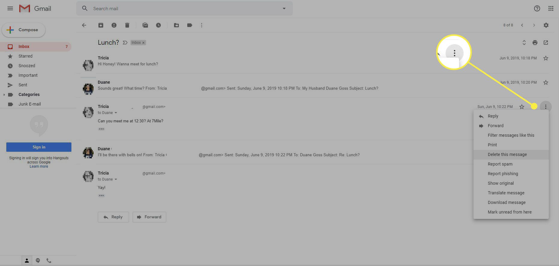 Een screenshot van Gmail met de menuknop Meer opties gemarkeerd