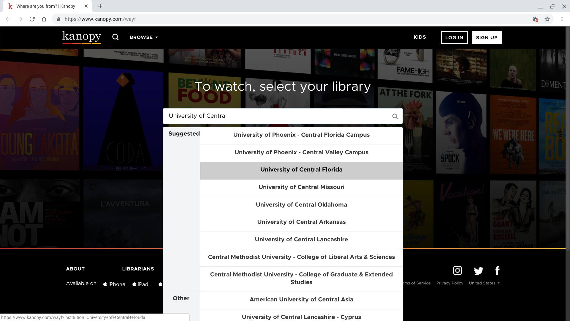 Screenshot van de bibliotheekzoekpagina van Kanopy.com, die een zoekopdracht toont naar "University of Central" met verschillende "voorgestelde" bibliotheken, samen met een paar "andere" bibliotheken