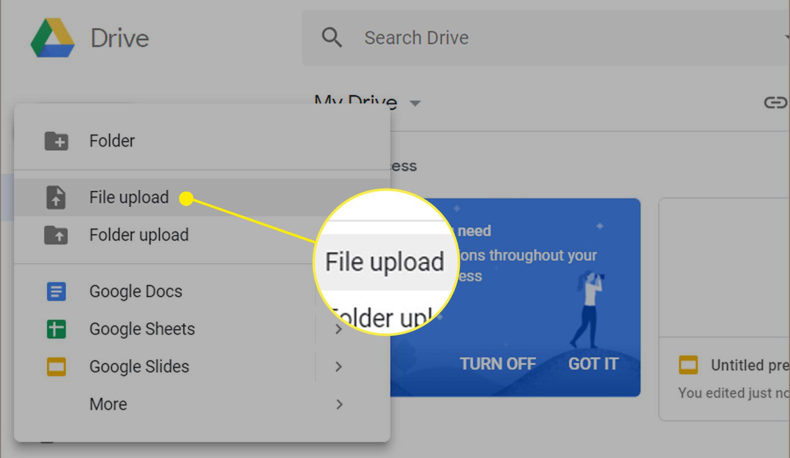 Google Drive toont een keuzemenu.