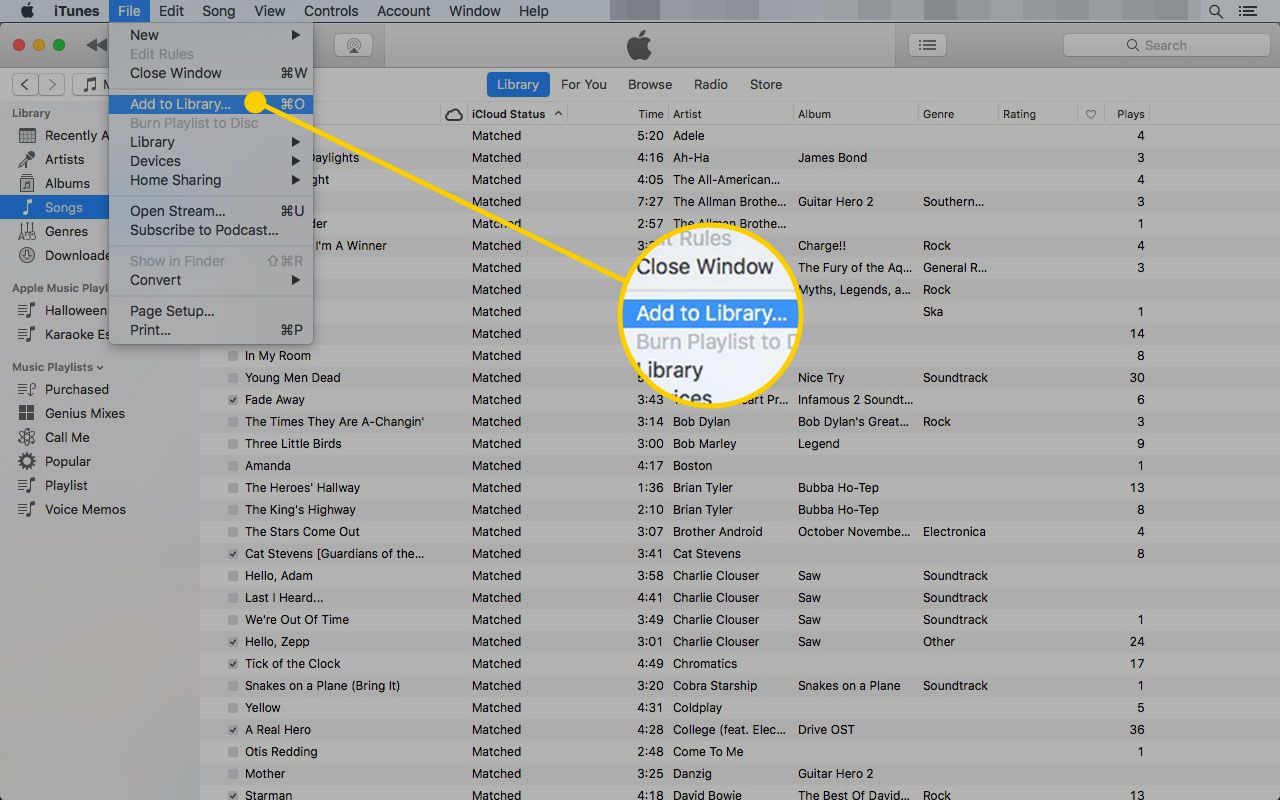 iTunes op een Mac met de optie Toevoegen aan bibliotheek onder het menu Bestand open