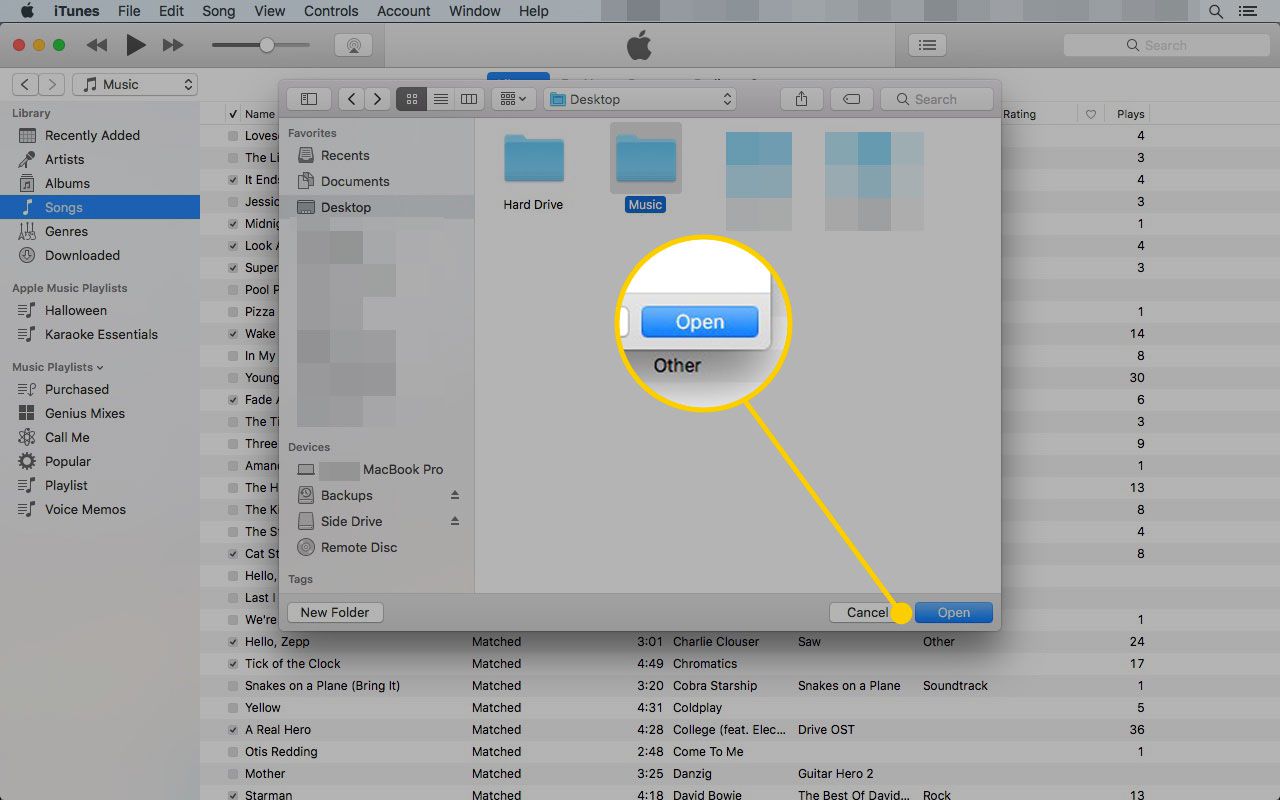 De knop Openen gemarkeerd in iTunes op een Mac