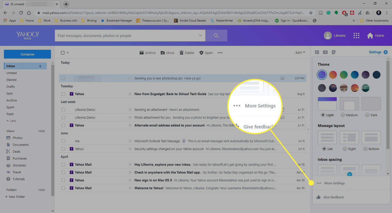 Yahoo Mail met Meer instellingen gemarkeerd