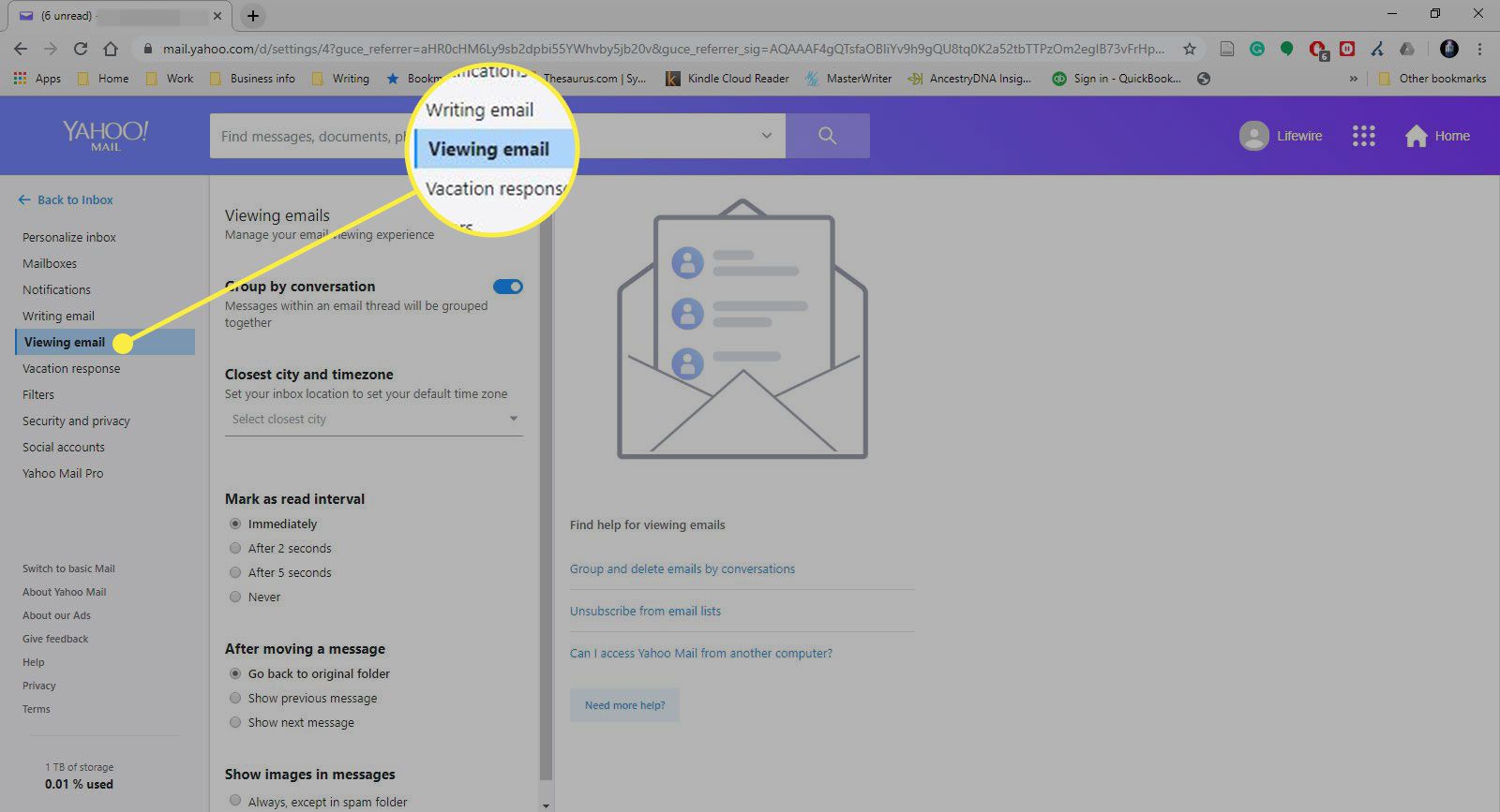 Yahoo Mail-instellingen met de kop E-mail bekijken gemarkeerd