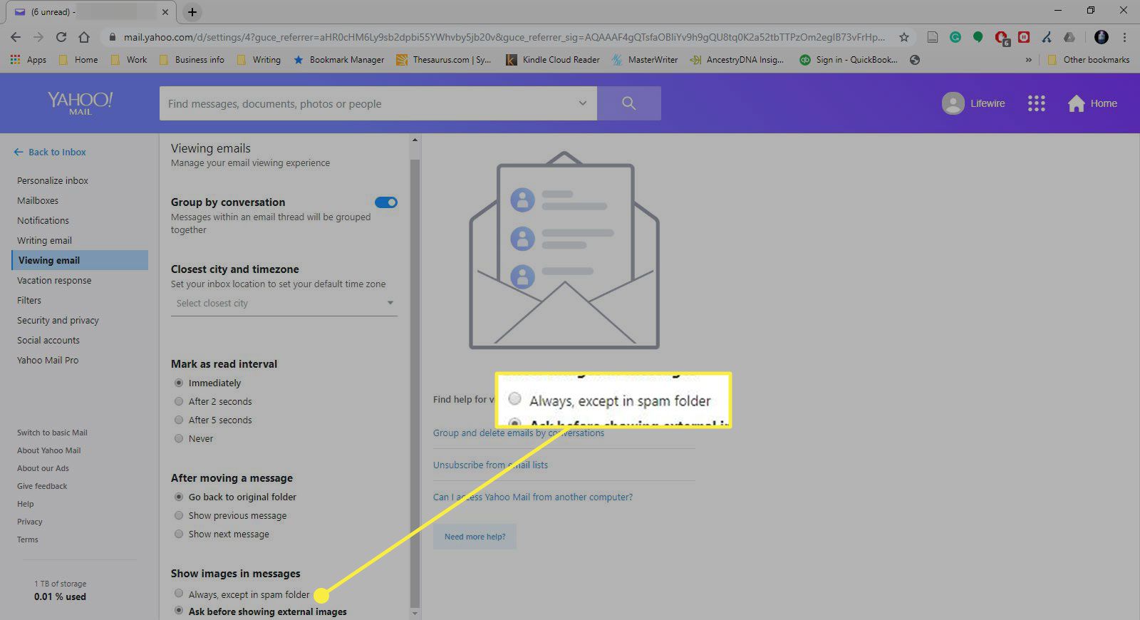 Yahoo Mail-instellingen met "Altijd, behalve in spammap" gemarkeerd
