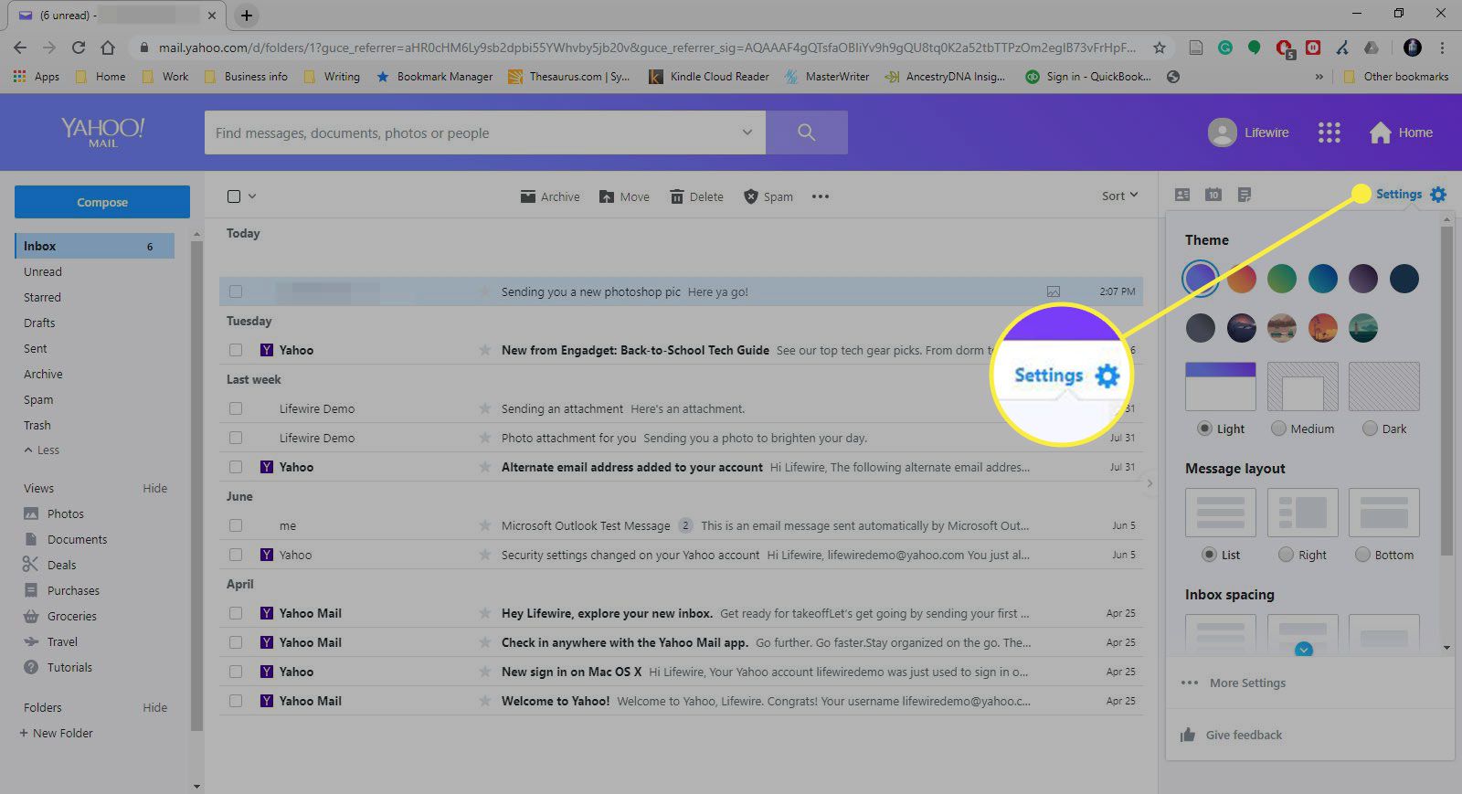 Yahoo Mail met de optie Instellingen gemarkeerd