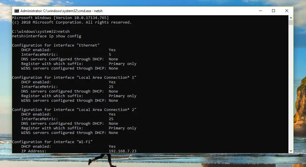 netsh interface ip show config commando resultaten in Windows 10