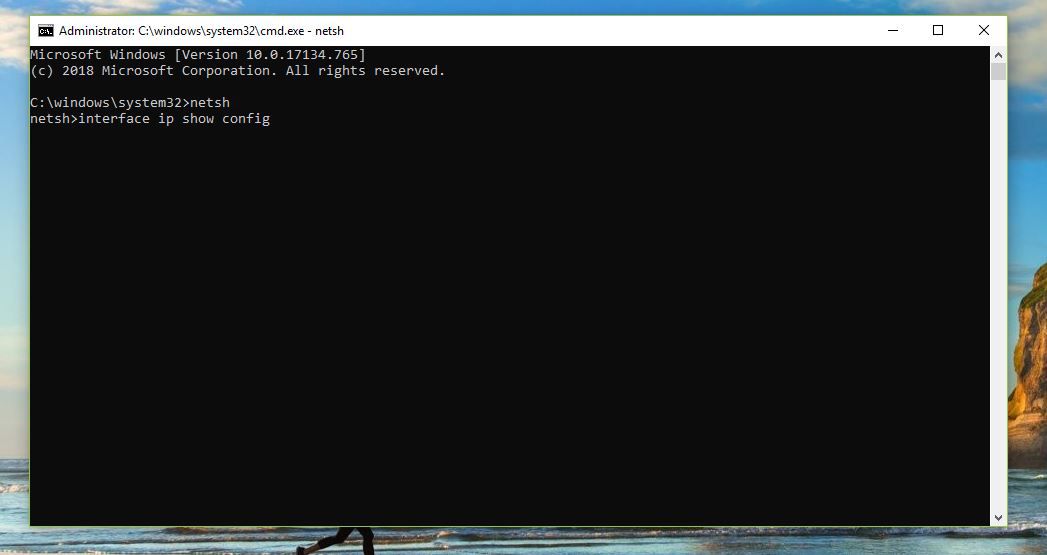 Screenshot van netsh interface ip show config commando in Windows 10