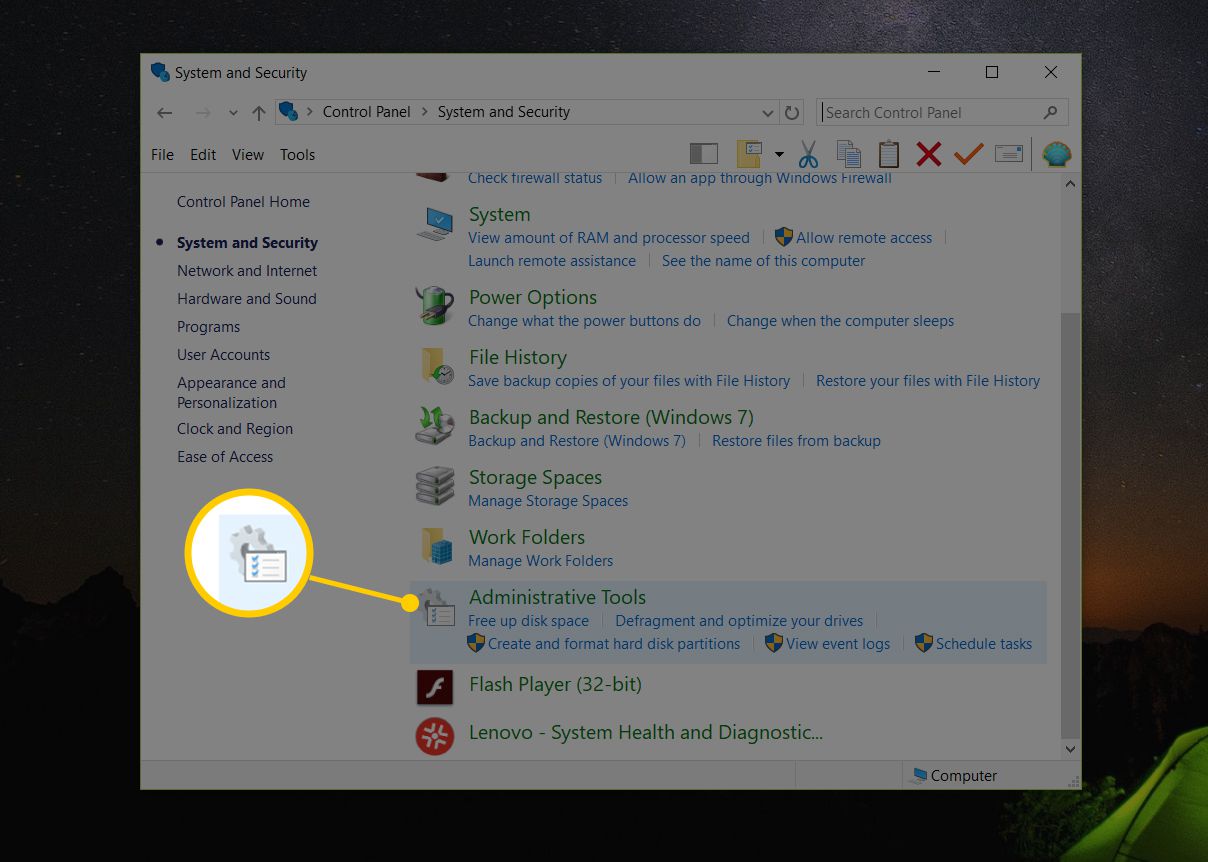 Systeem- en beveiligingspaneel met de knop Administratieve hulpmiddelen in Windows 10