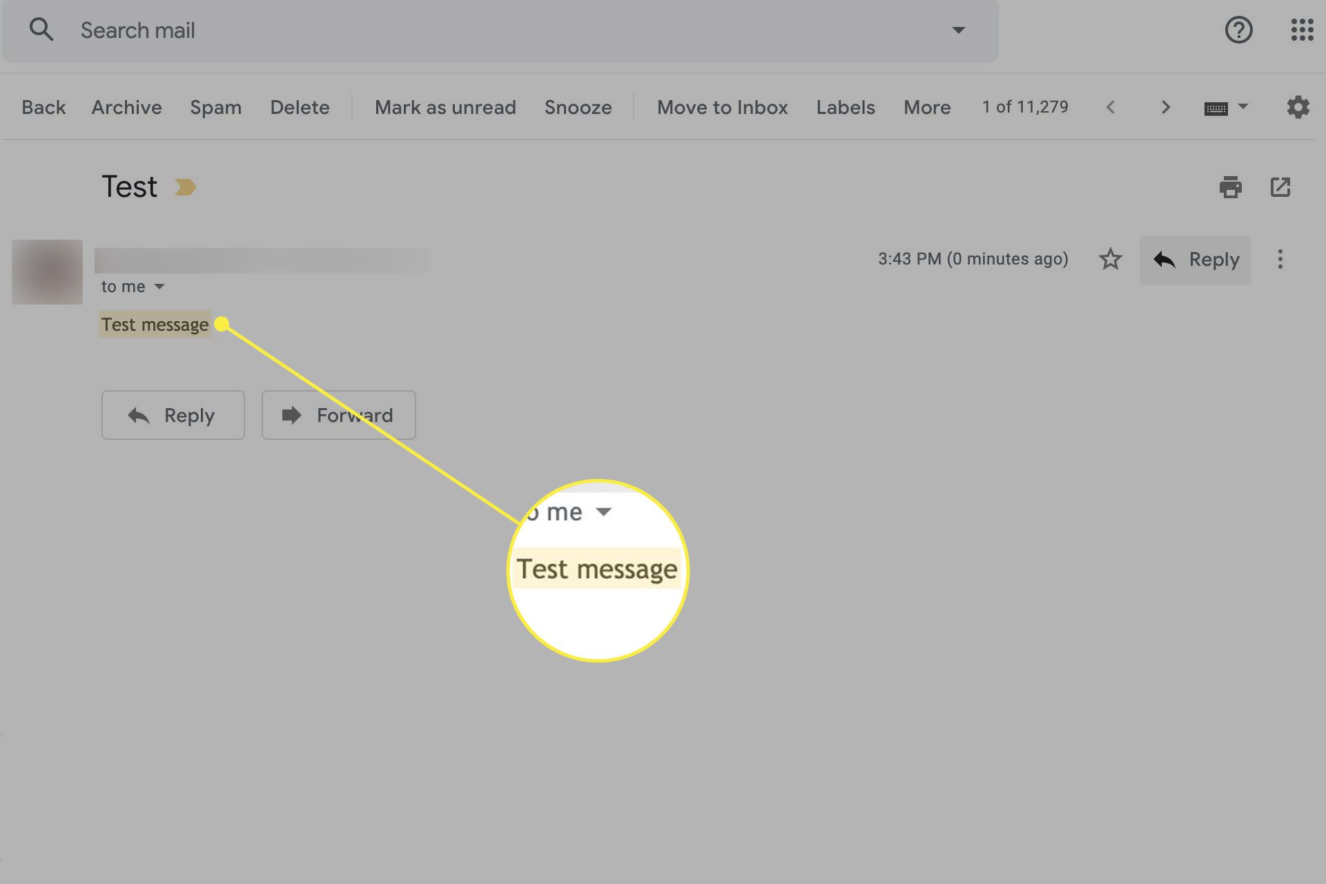Een screenshot van een bericht in Gmail met gemarkeerde tekst geannoteerd