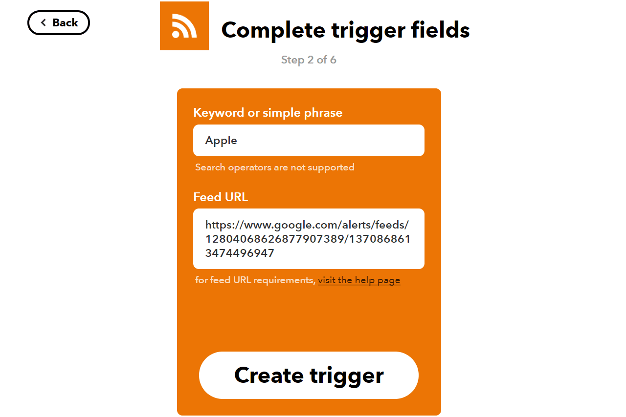 IFTTT Complete triggerveldenpagina voor RSS-feed