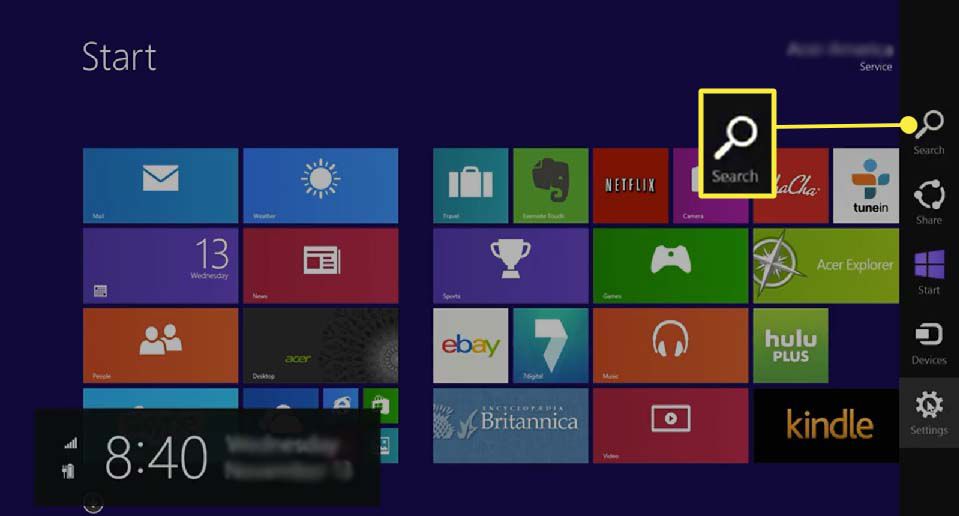 Toegang tot de zoekbalk in Windows 8.1.