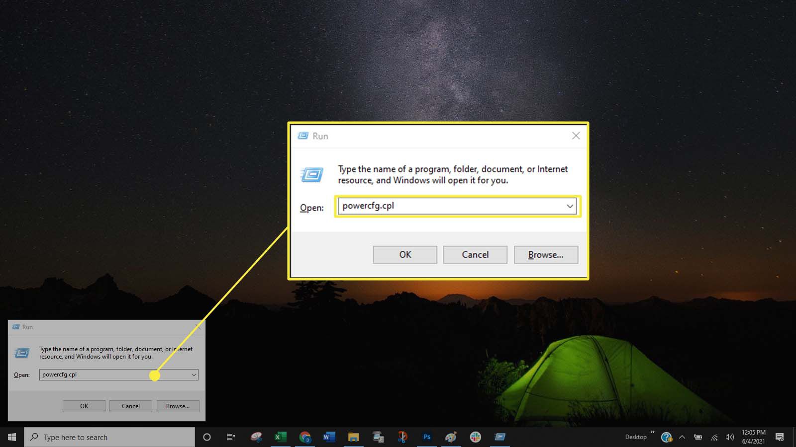 Open in Windows 10 de opdracht Uitvoeren en voer "powercfg.cpl" in 