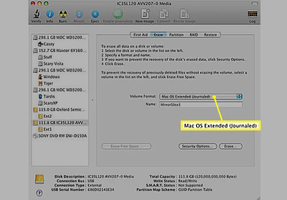 Schijfhulpprogramma Volume-indeling met Mac OS Uitgebreid (journaled) geselecteerd