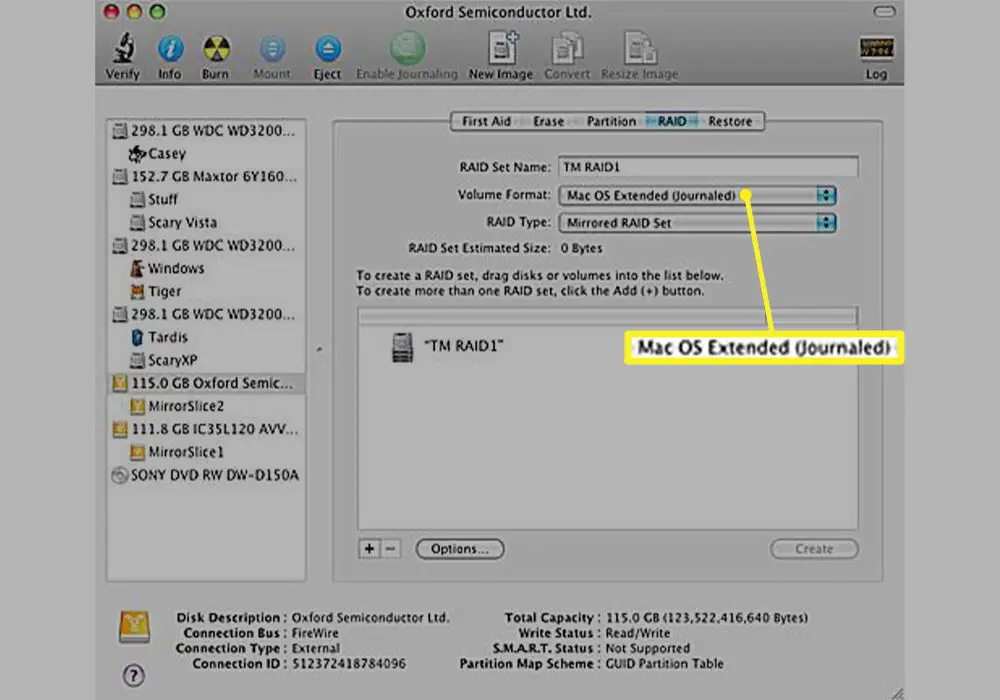 Mac OS Uitgebreid (journaled) geselecteerd op het tabblad RAID van Schijfhulpprogramma