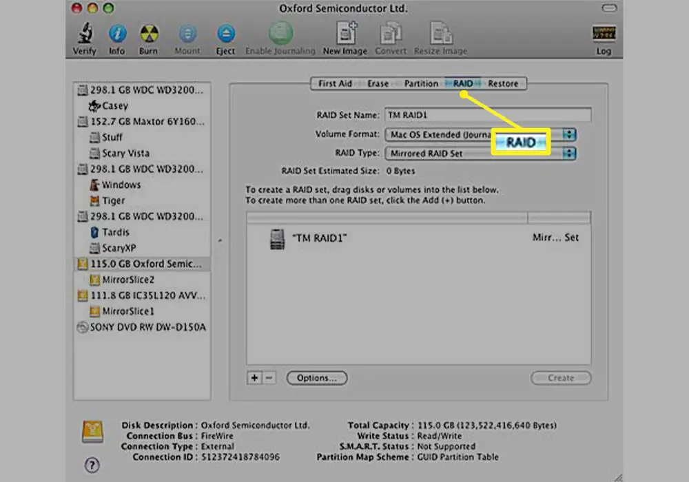 RAID-tabblad gemarkeerd in Mac Schijfhulpprogramma