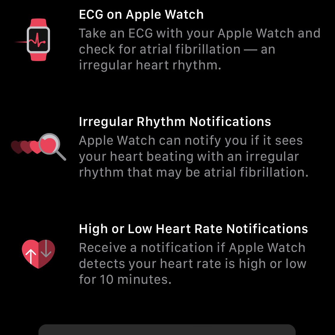 Een schermafbeelding met informatie over de hartgezondheidsfuncties van Apple Watch