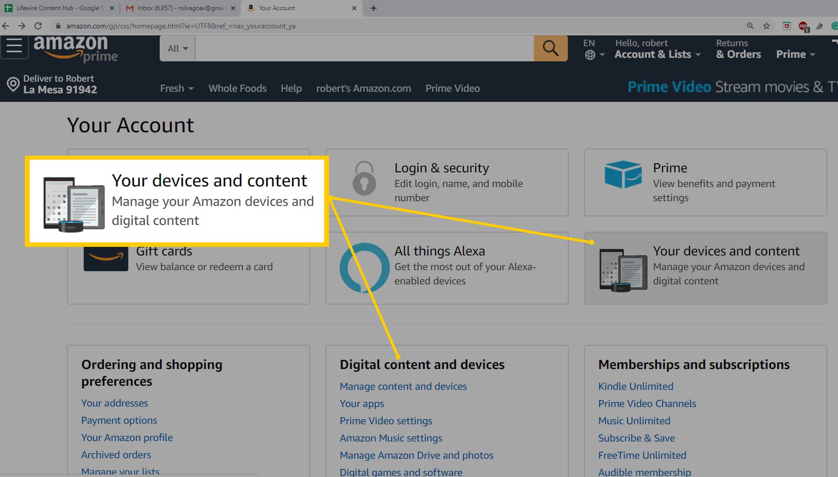 Startpagina Amazon-webbrowseraccount – Selecteer inhoud en apparaten