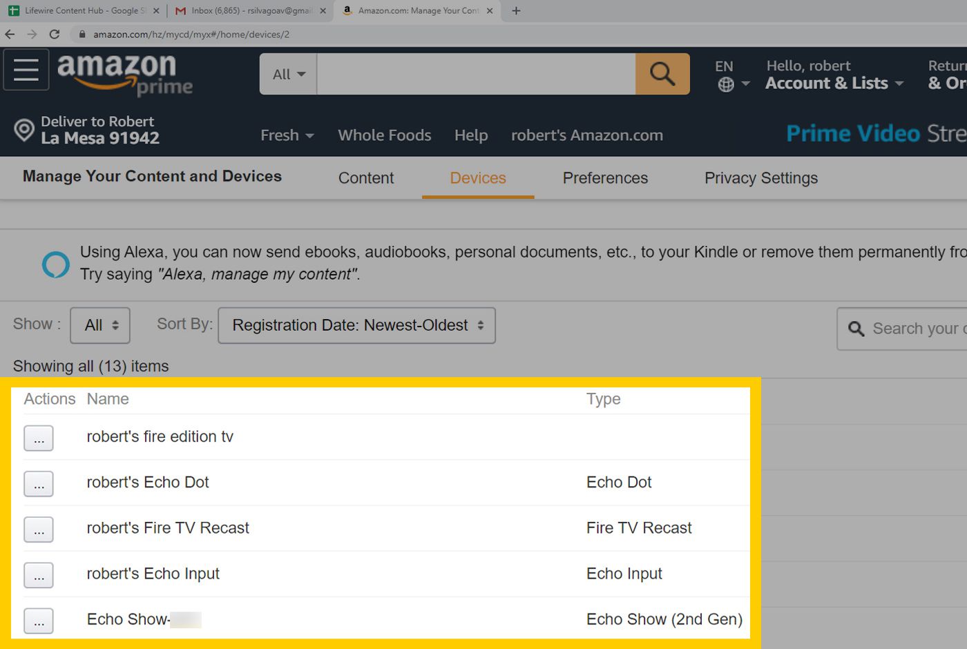 Amazon-webbrowserapparaat en inhoud - Lijst met apparaten