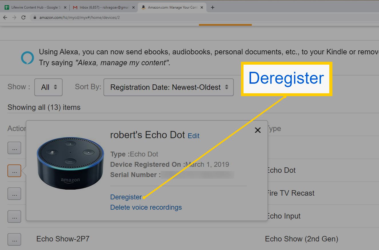 Amazon-webbrowserapparaat en inhoud - Selecteer apparaat om uit de lijst te deregistreren