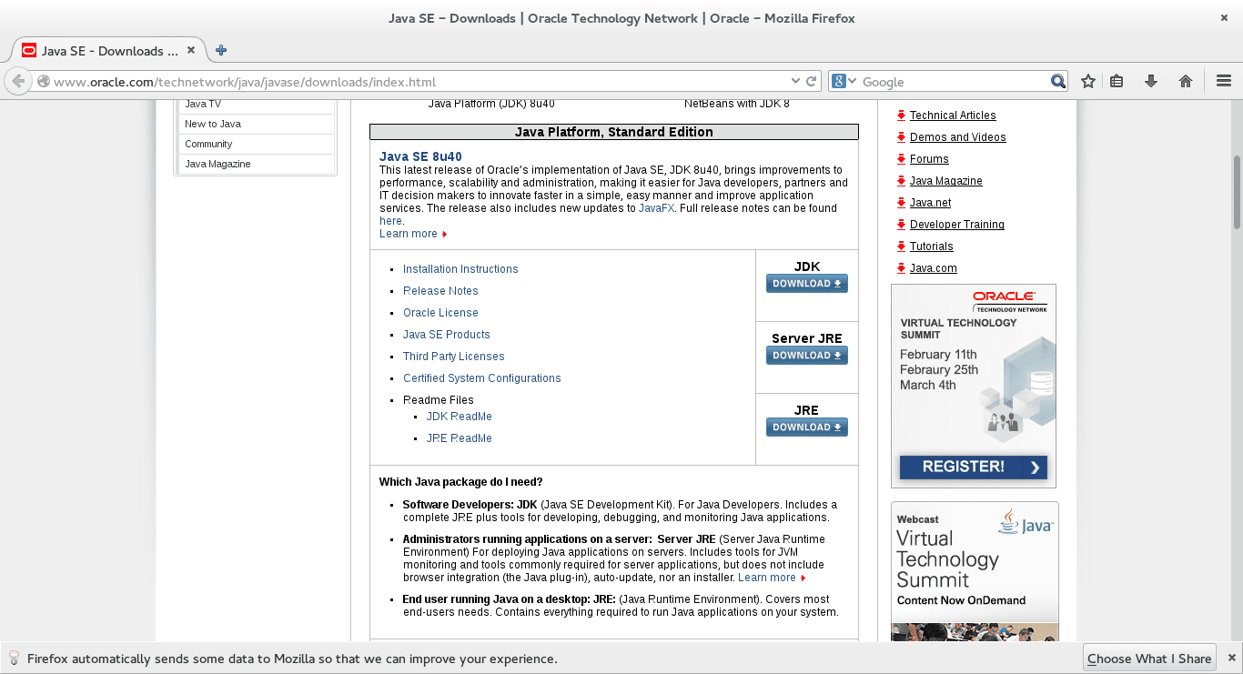 Oracle Java Runtime In Fedora screenshot