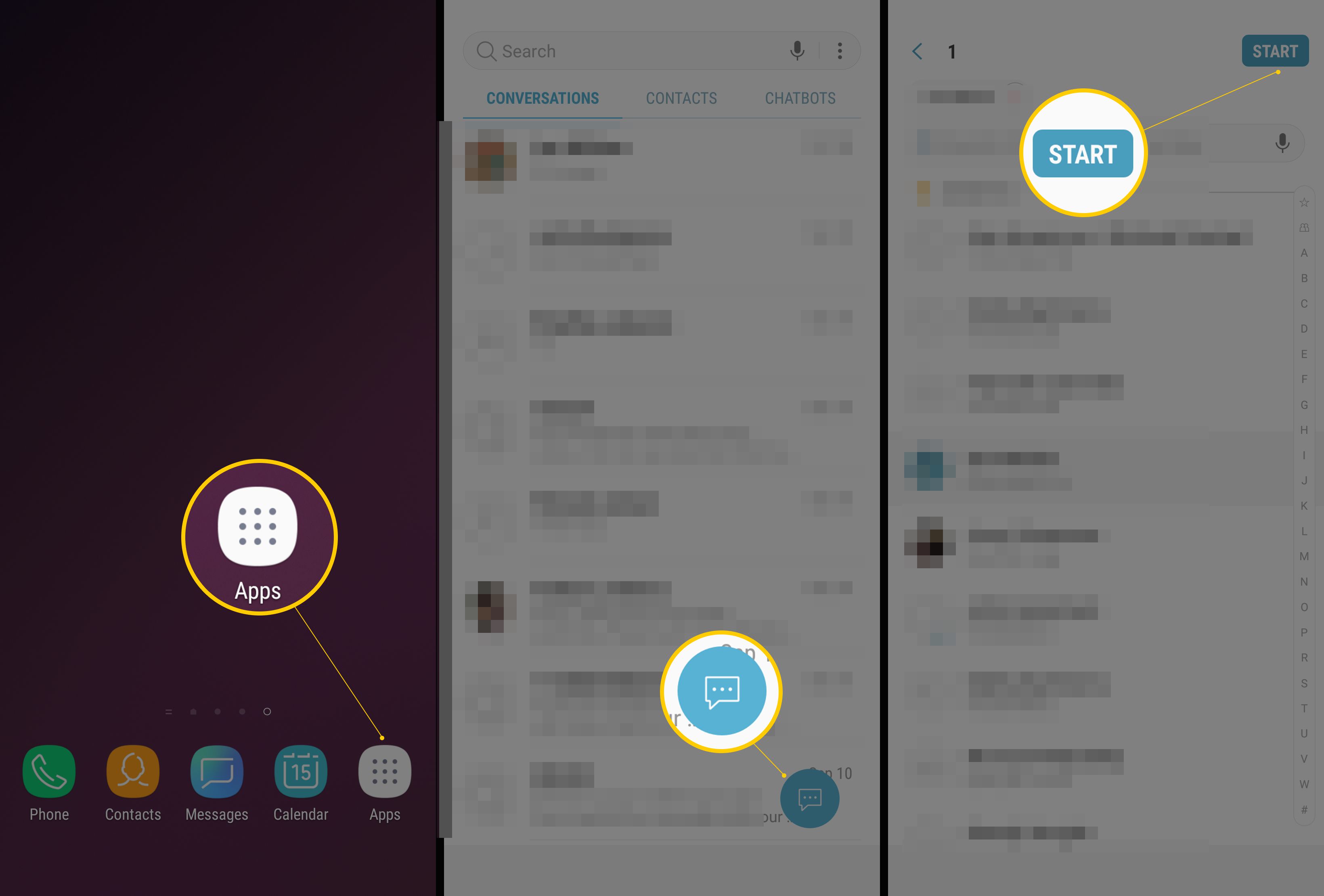Drie Android-schermen met apps, tekstballon en startknoppen om een ​​GIF te sms'en