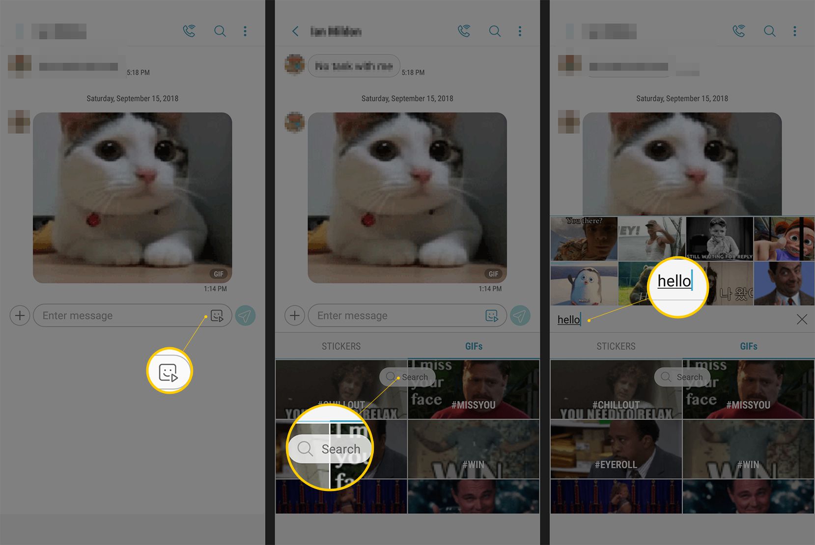 Drie Android-schermen met de GIF-knop, het zoekveld en de "hallo"-term die in de zoekopdracht is ingevoerd