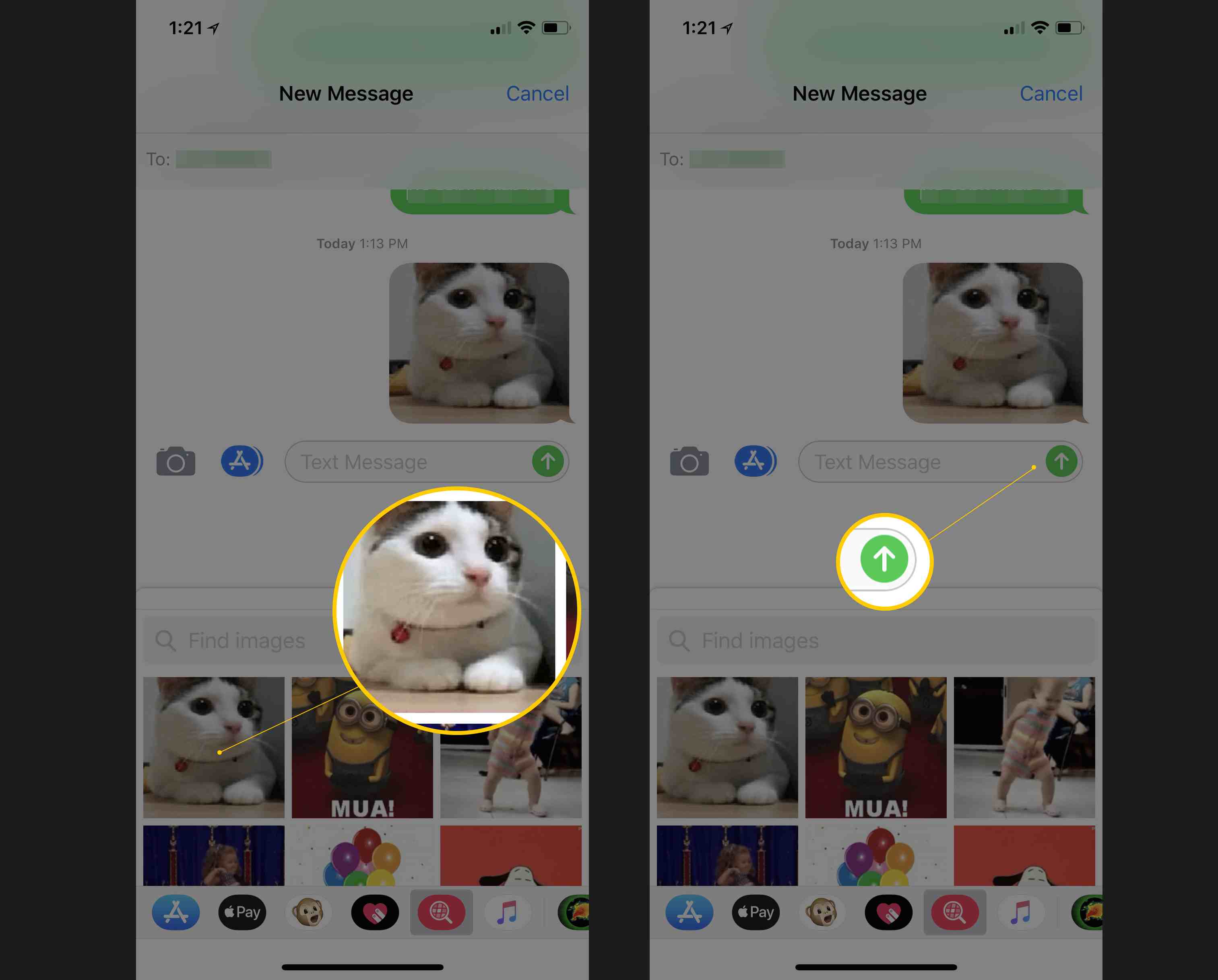 Twee iOS-schermen met het kiezen van een GIF in Berichten en de knop Verzenden