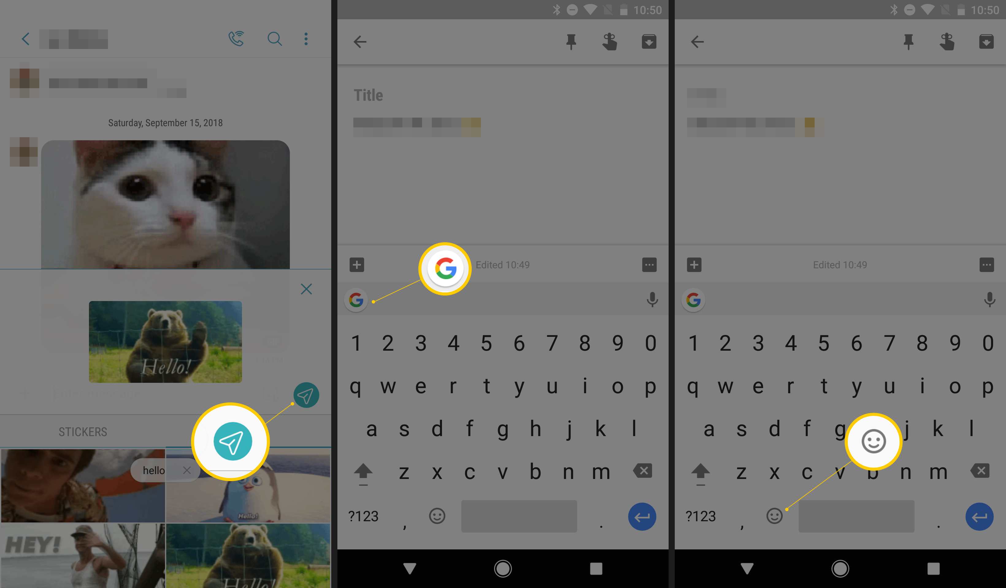 Drie Android-schermen met de verzendknop, het Gboard-pictogram en het emoticon-pictogram op het toetsenbord