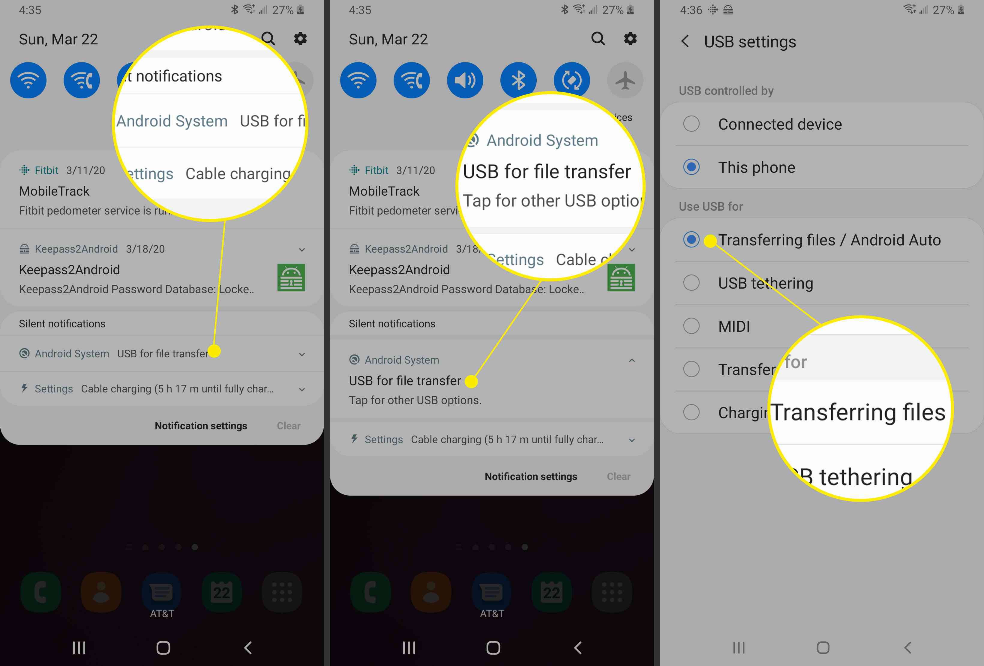 Schermafbeeldingen van een Android-apparaat die laten zien hoe u instellingen voor delen via USB instelt