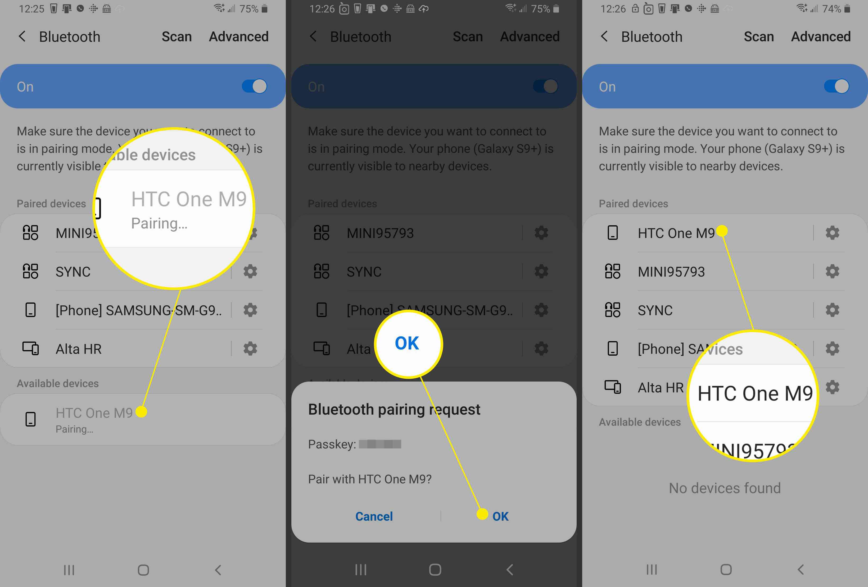 Schermafbeeldingen van een Android-apparaat die laten zien hoe u via Bluetooth verbinding kunt maken met een ander apparaat