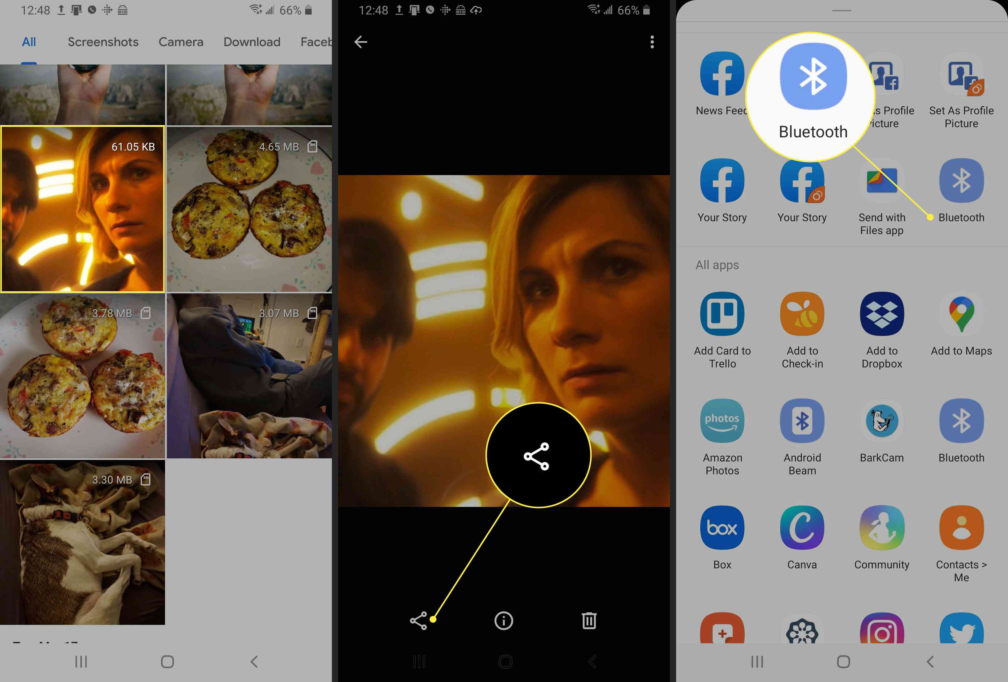 Screenshots van een Android-telefoon die laten zien hoe je een bestand deelt via Bluetooth