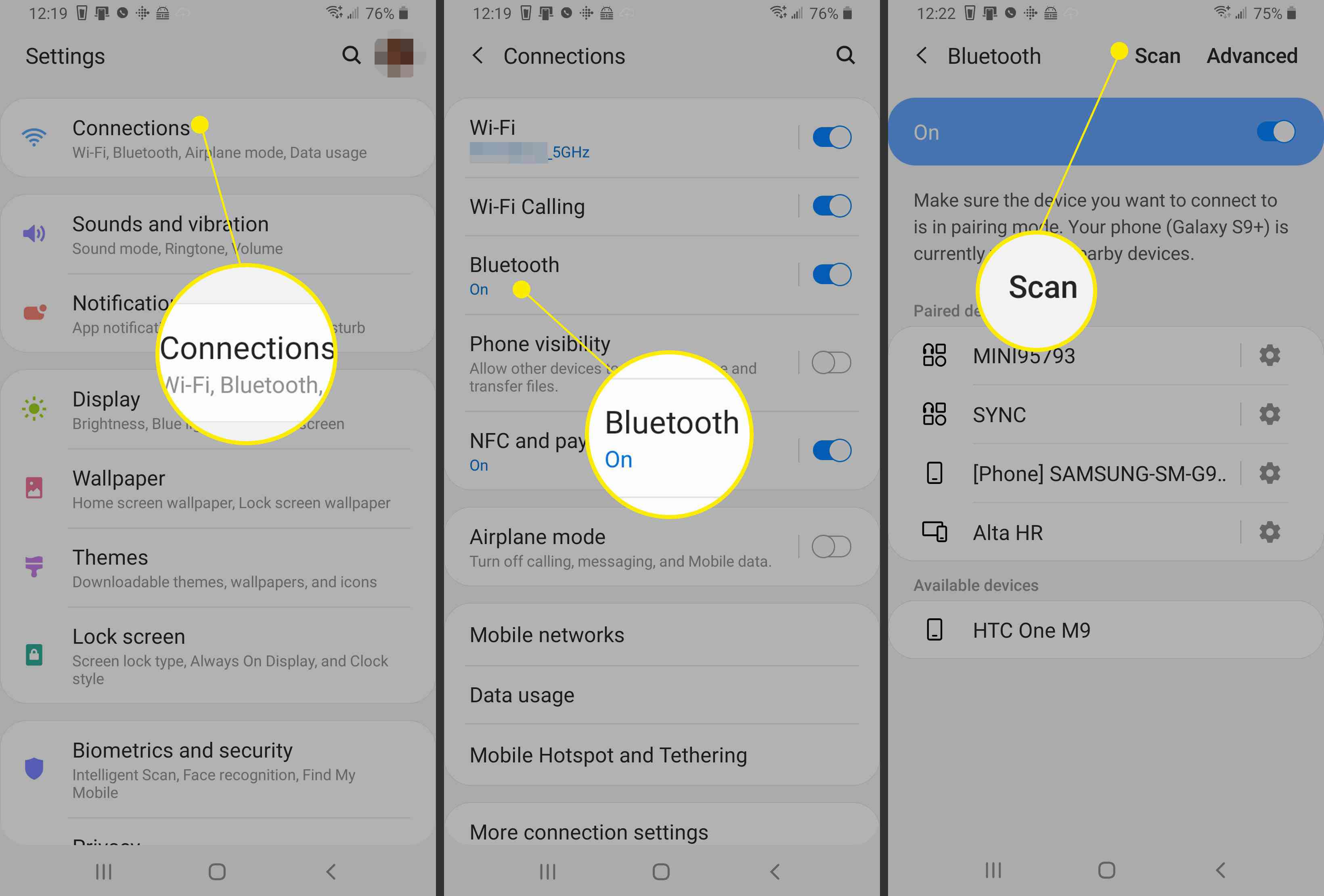 Schermafbeeldingen van een Android-telefoon die het pad tonen om naar Bluetooth-apparaten te scannen