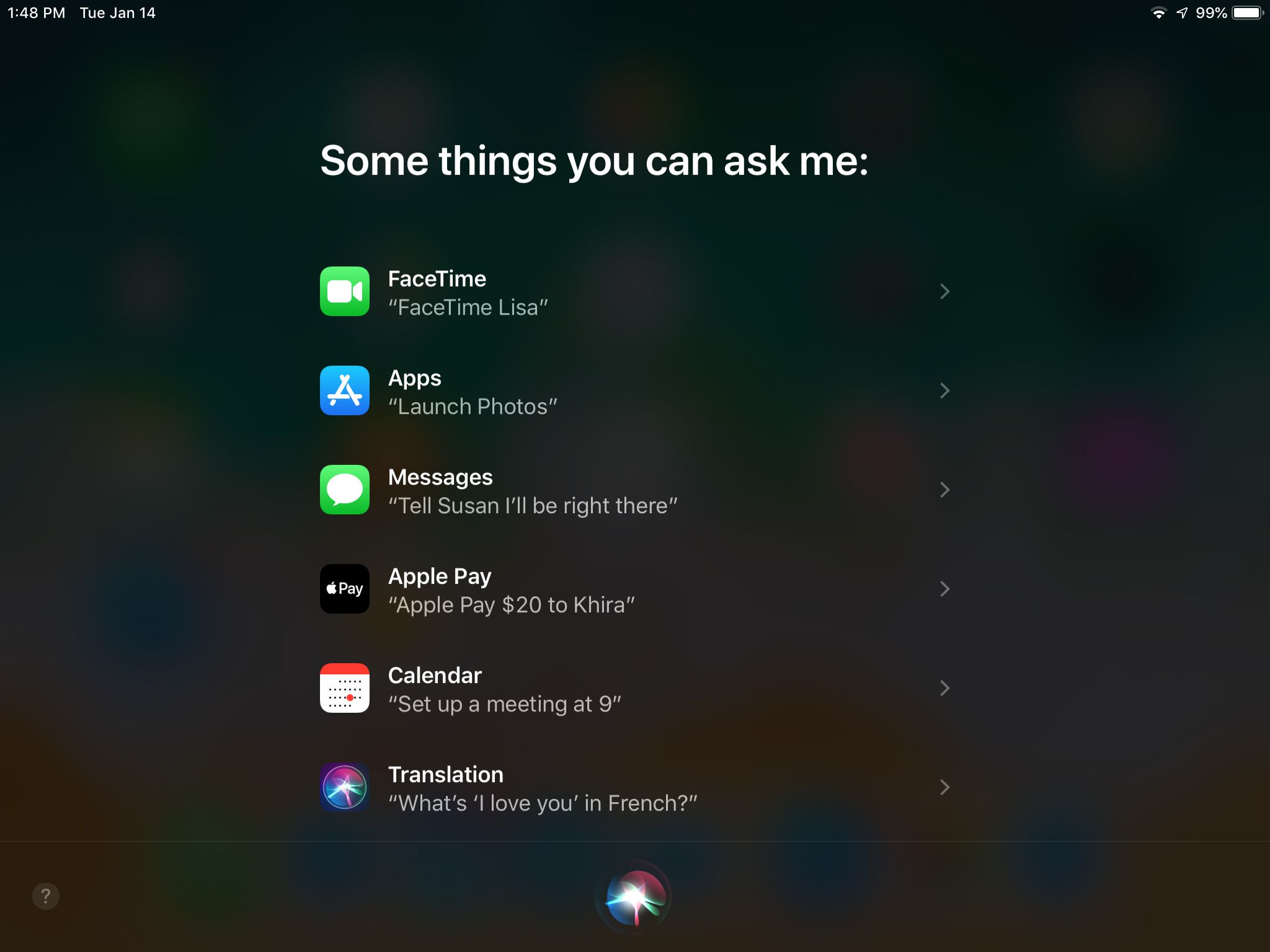 Siri-scherm met voorbeelden van spraakopdrachten op iPad