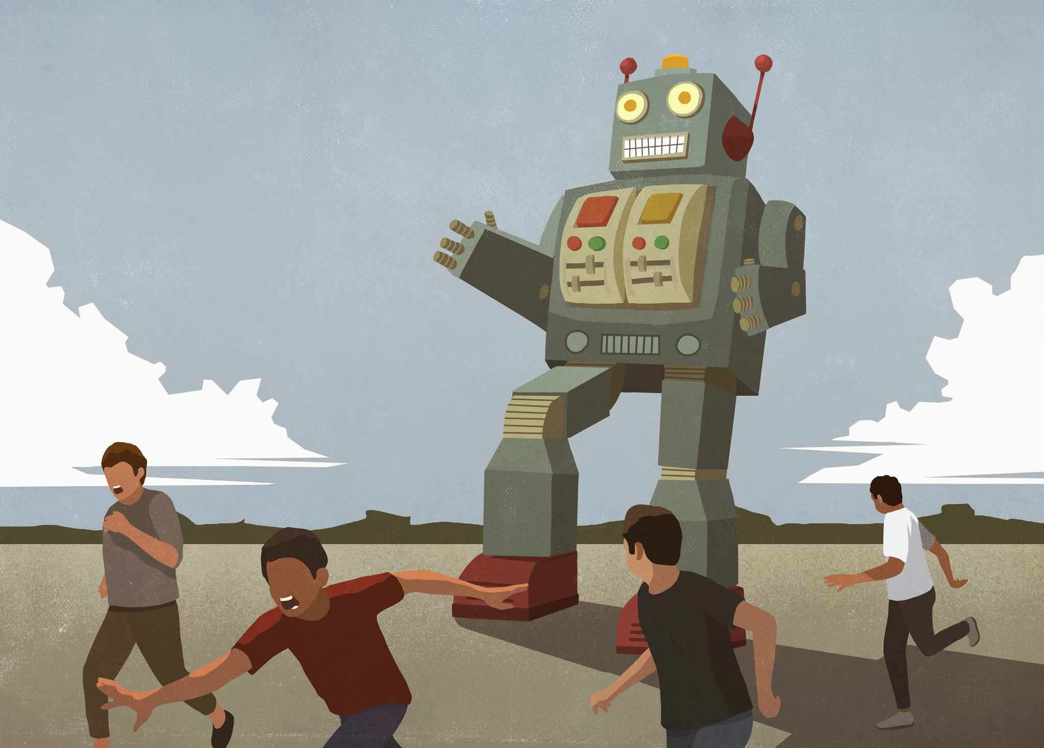 Illustratie van een grote robot die mensen achtervolgt. 