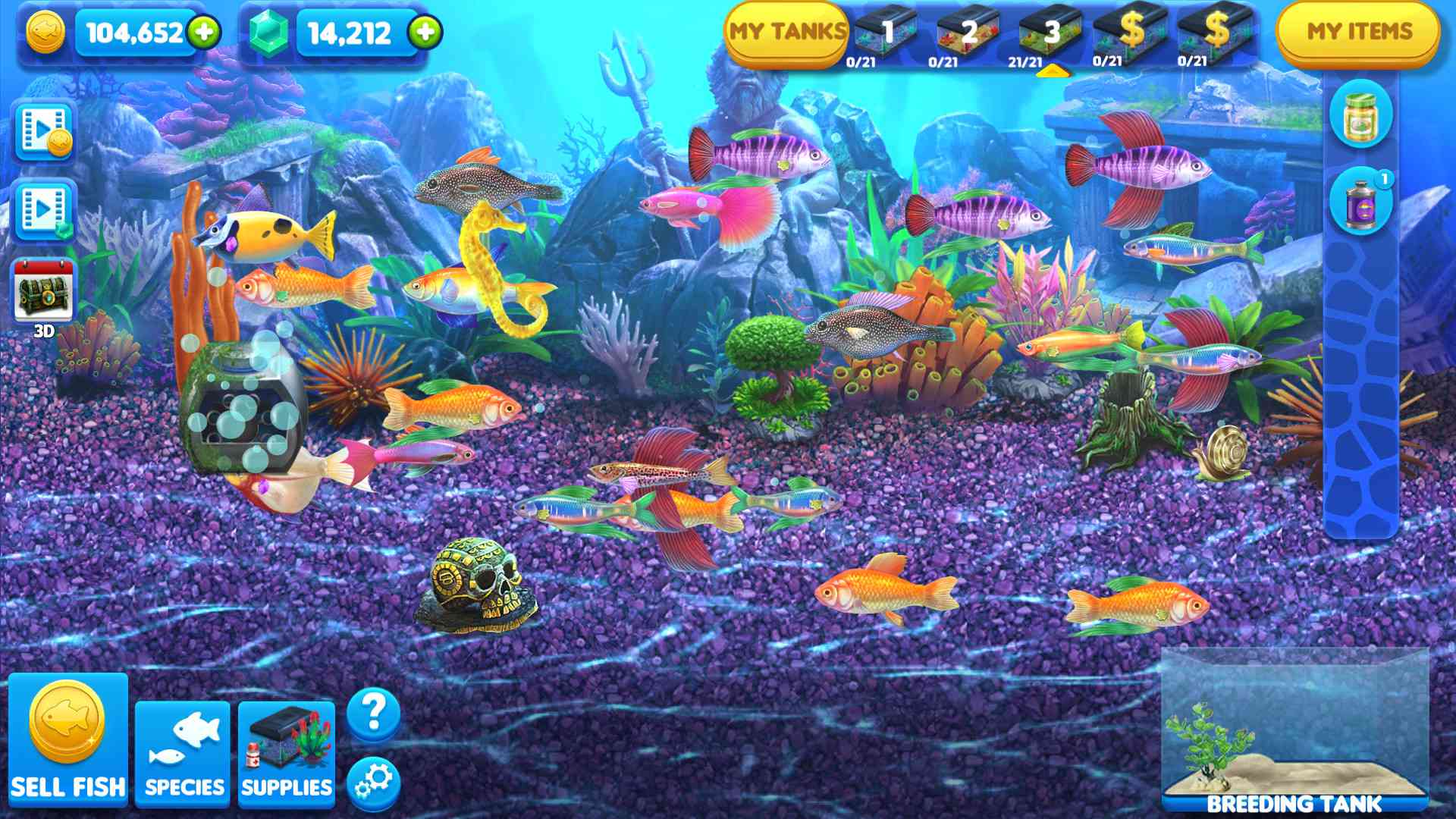 Een virtueel aquarium in Fish Tycoon 2.