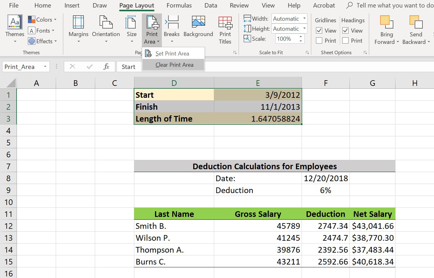 Een afdrukgebied wissen in Excel.