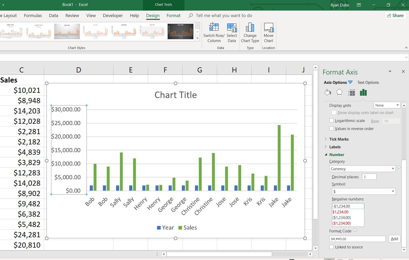 Een screenshot van het wijzigen van de grafiekopmaak in Excel 2016/2013