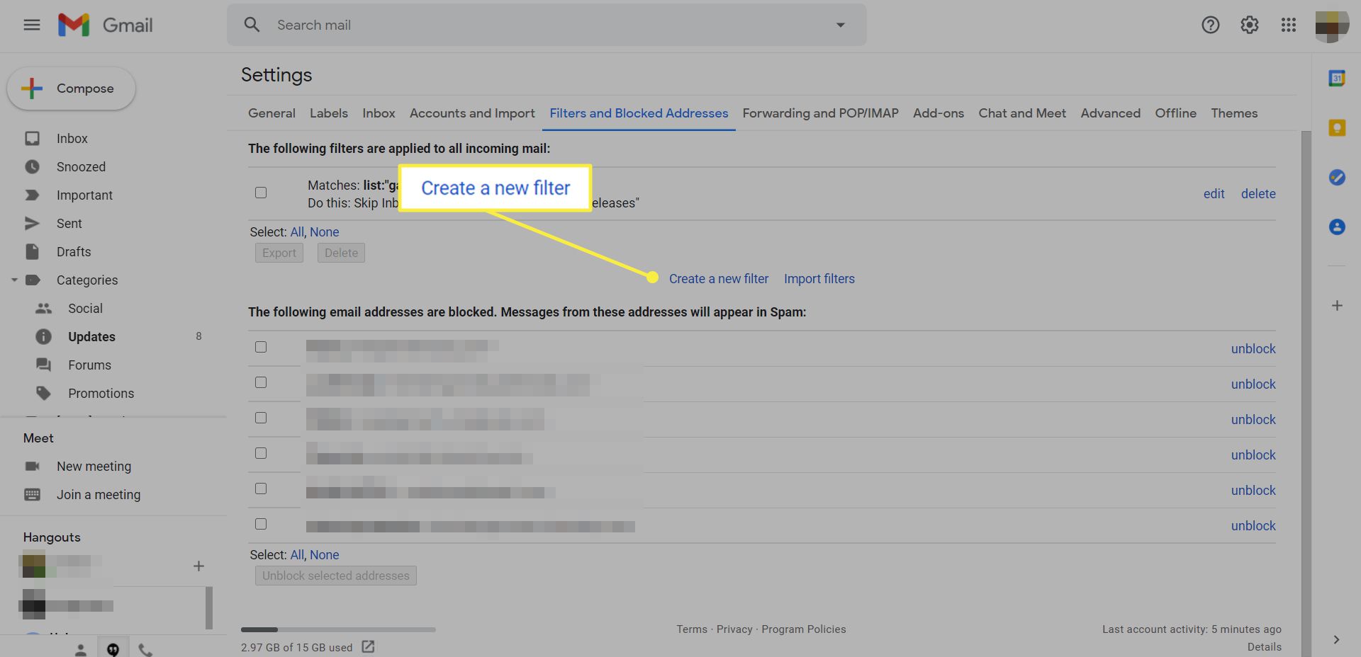 Gmail-instellingen met 'Een nieuw filter maken' gemarkeerd