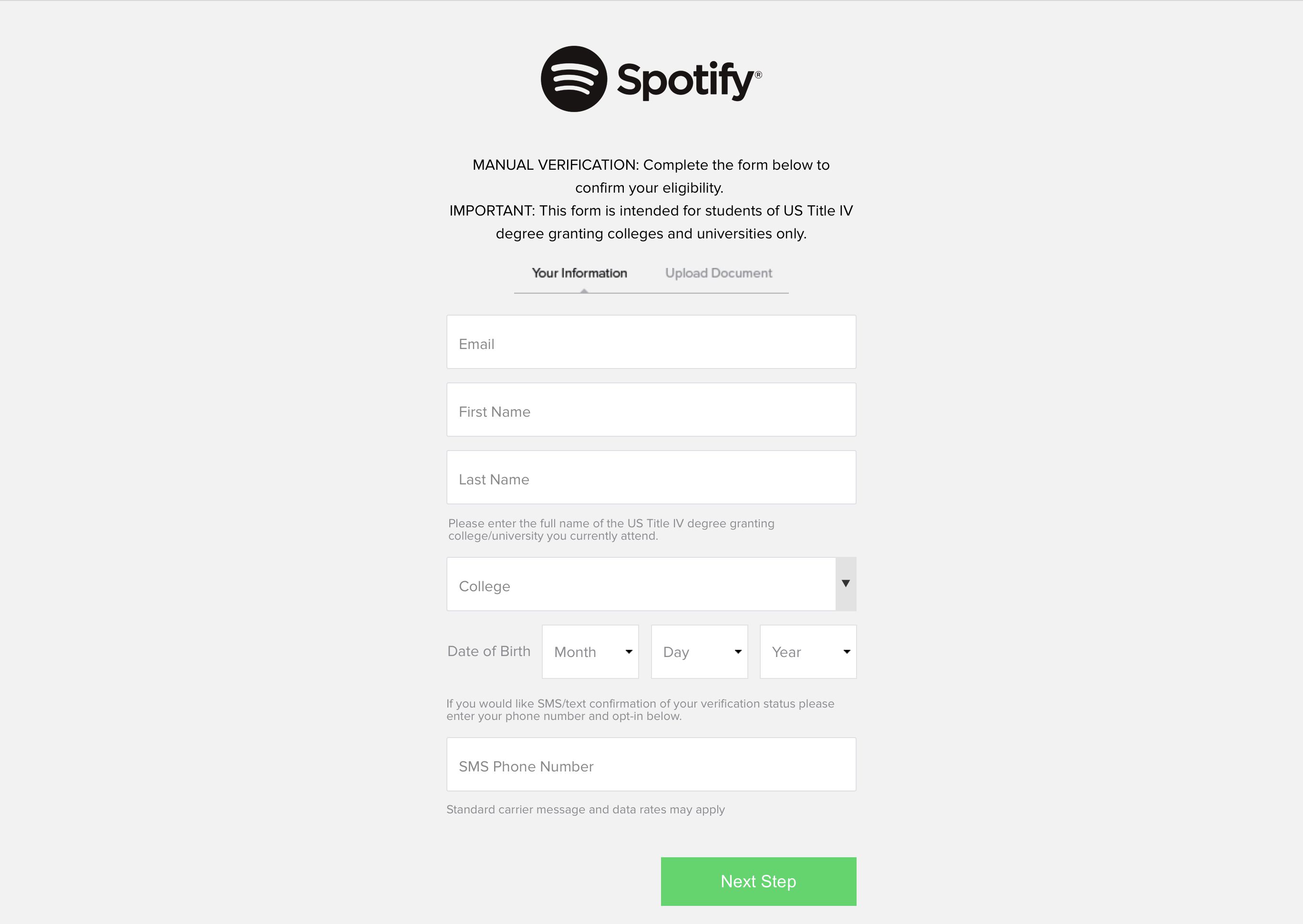 Screenshot van Spotify Student Aanmeldingsscherm