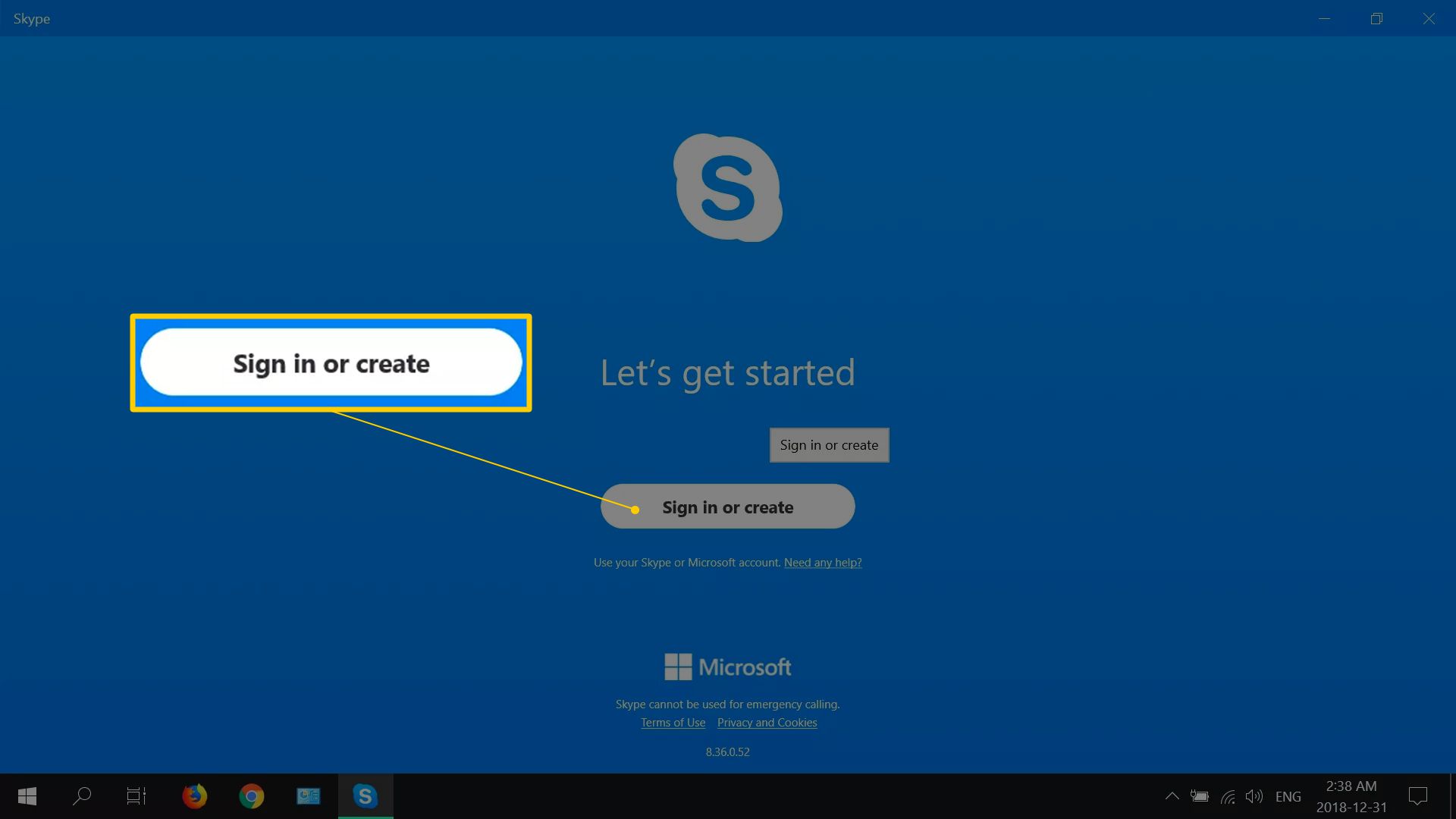 Meld u aan of maak knop op het inlogscherm van Skype