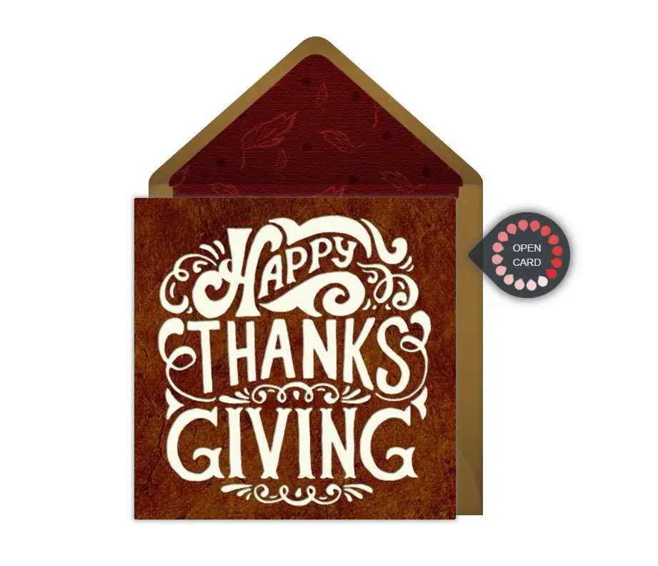 Een bruine kaart met de tekst "Happy Thanksgiving"