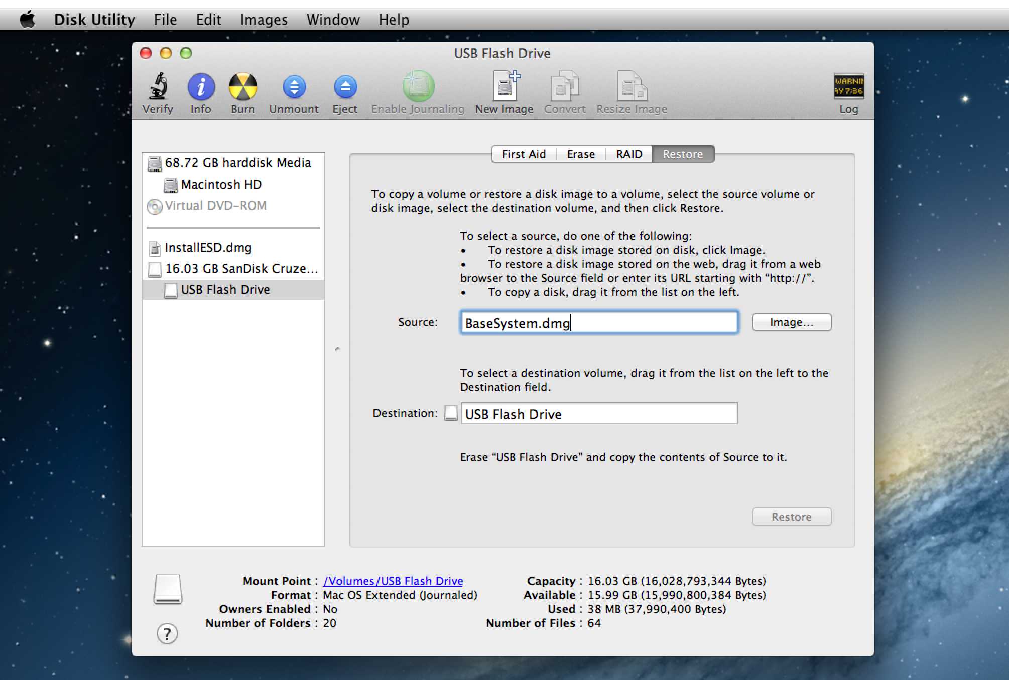 Schijfhulpprogrammaherstel gebruikt om OS X Mavericks-installatieprogramma te klonen