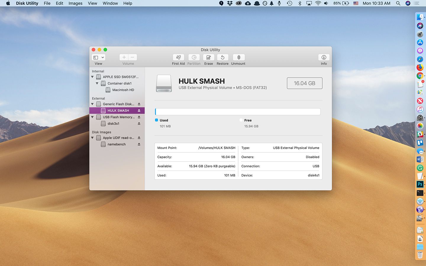 Venster Schijfhulpprogramma geopend op macOS-bureaublad, met 16 GB-flashstation gereed voor herstel