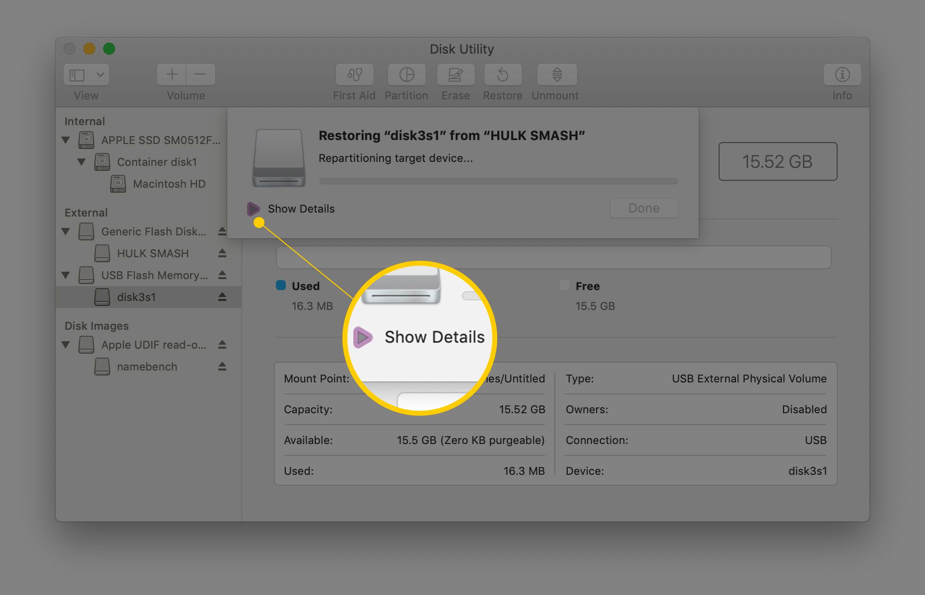 Knop Details weergeven in herstelproces in de app Schijfhulpprogramma van macOS