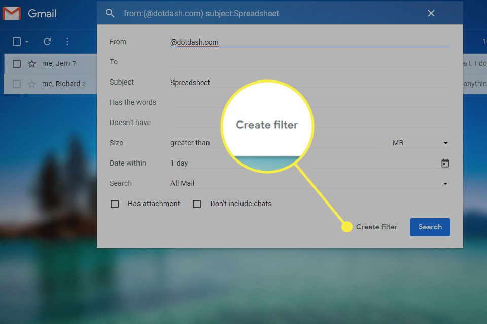 Een screenshot van een Gmail-filtervak ​​met de knop Filter maken gemarkeerd