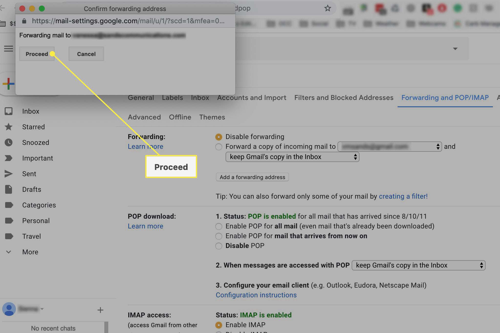Een schermafbeelding van het venster "Doorstuuradres bevestigen" in Gmail met de knop Doorgaan gemarkeerd