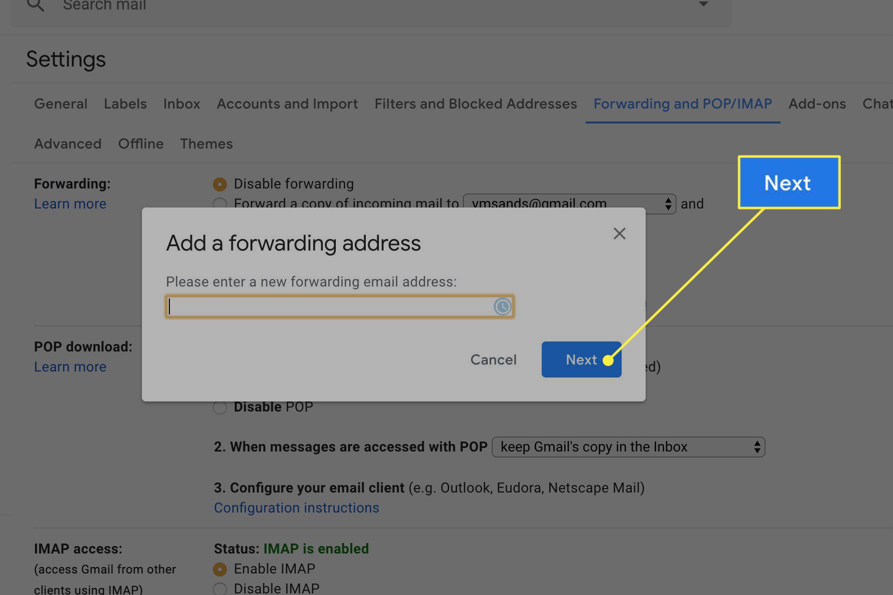 Een screenshot van het venster Een doorstuuradres toevoegen in Gmail met de knop Volgende gemarkeerd