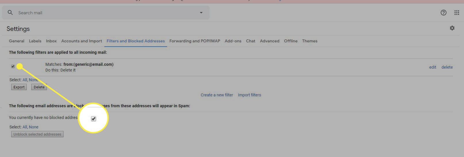 Een screenshot van de filterinstellingen van Gmail met het selectievakje naast een filter gemarkeerd