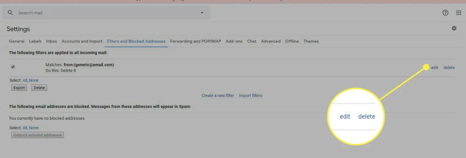 Een screenshot van Gmail-filterinstellingen met de opties Bewerken en Verwijderen gemarkeerd